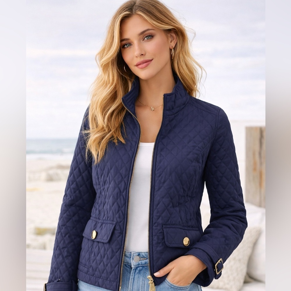 Merona Navy Quilted Puffer Jacket with Gold Accents
